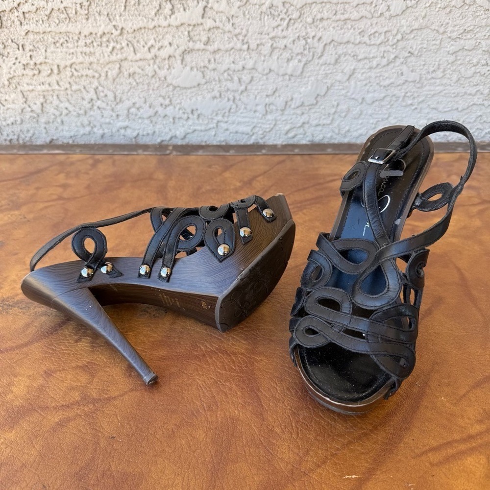 Jessica Simpson Black Leather Platform Heels Sandals Wood Clog Y2K Boho Shoes 6